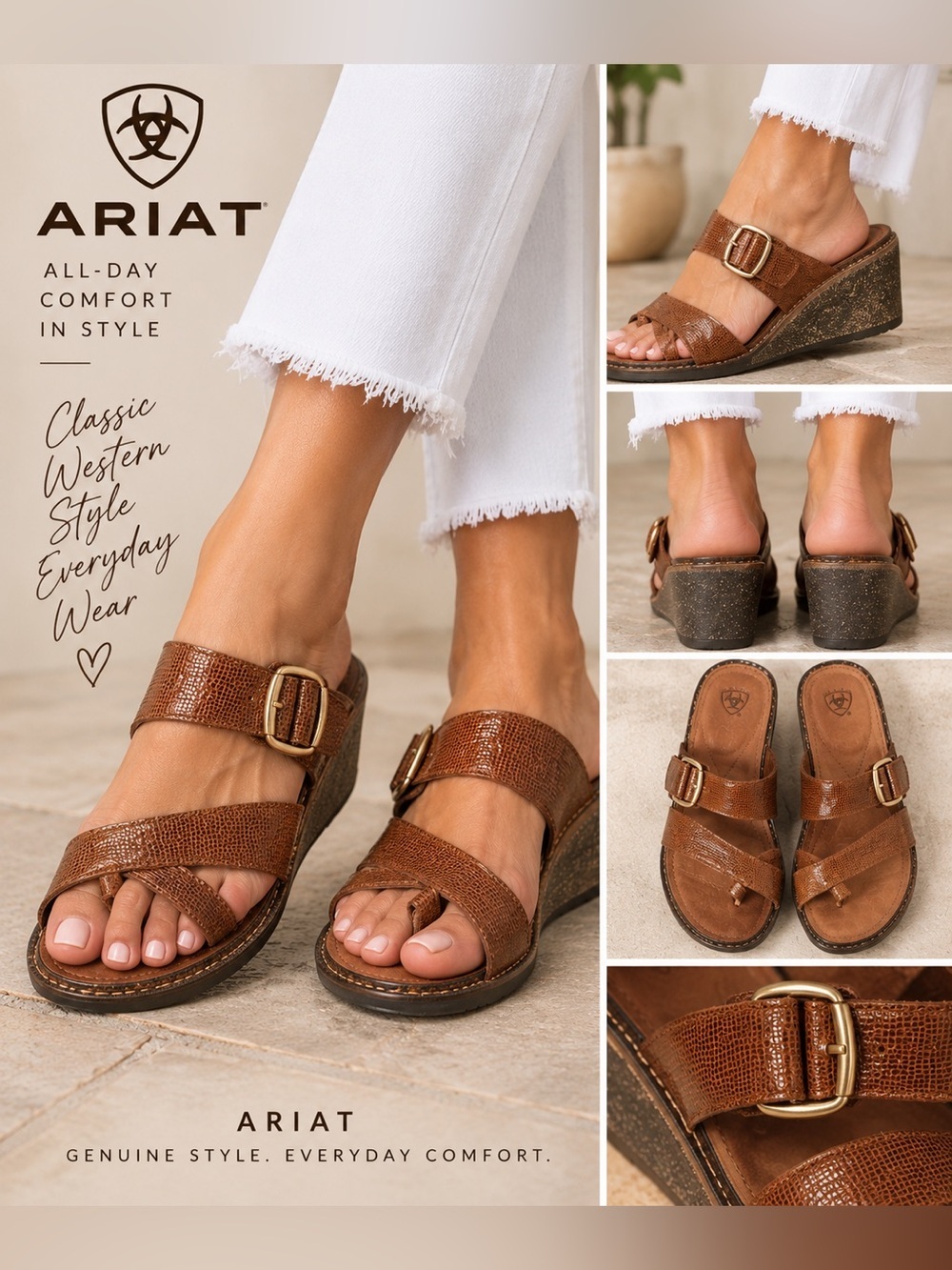 Ariat Brown Leather Wedge Sandals Buckle Toe Loop Women’s 9.5B